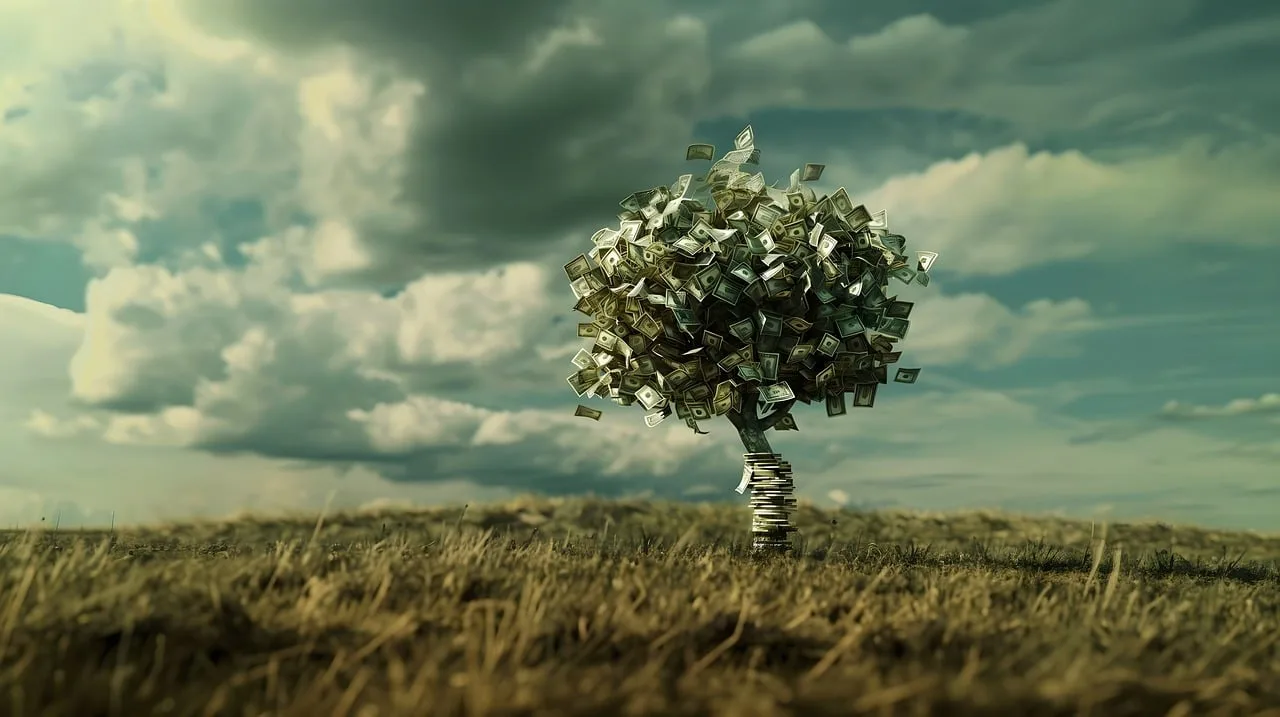 A tree with a canopy made of banknotes standing in an open field.
