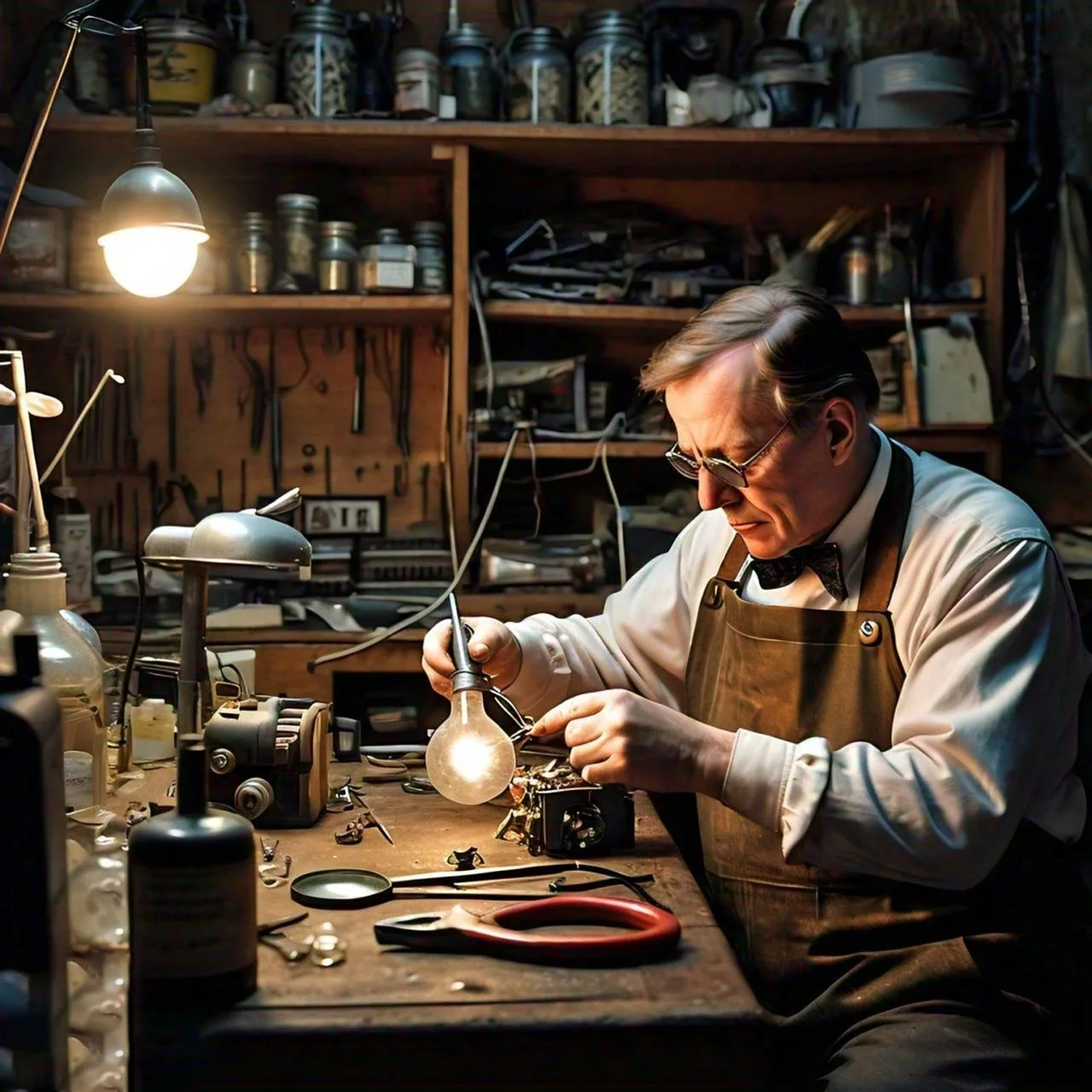 A man examining a glowing light bulb at a workbench in a workshop.