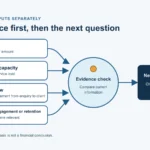 Four business inputs—price, delivery capacity, client flow and repeat engagement—feed into an evidence check and one next question.