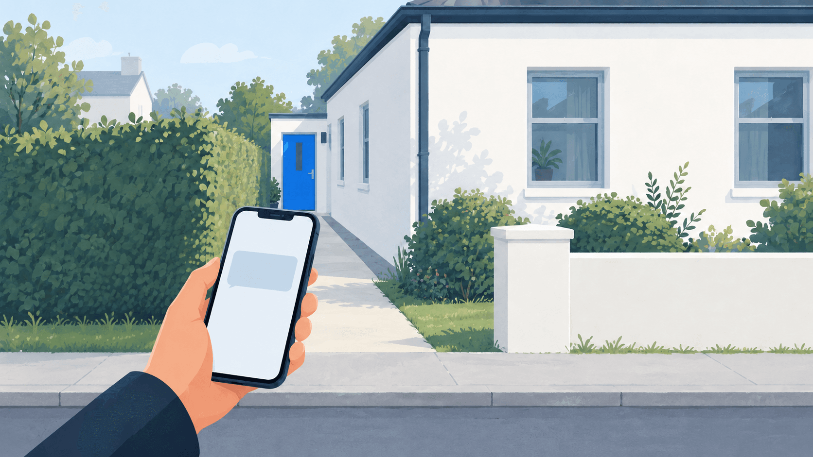 Illustration for a small business process improvement example: a hand holds a phone with a blank message beside a path leading to a blue practice door.