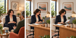 Illustration of the same practitioner in consultation, speaking by phone at a laptop, and checking paperwork with a calculator.