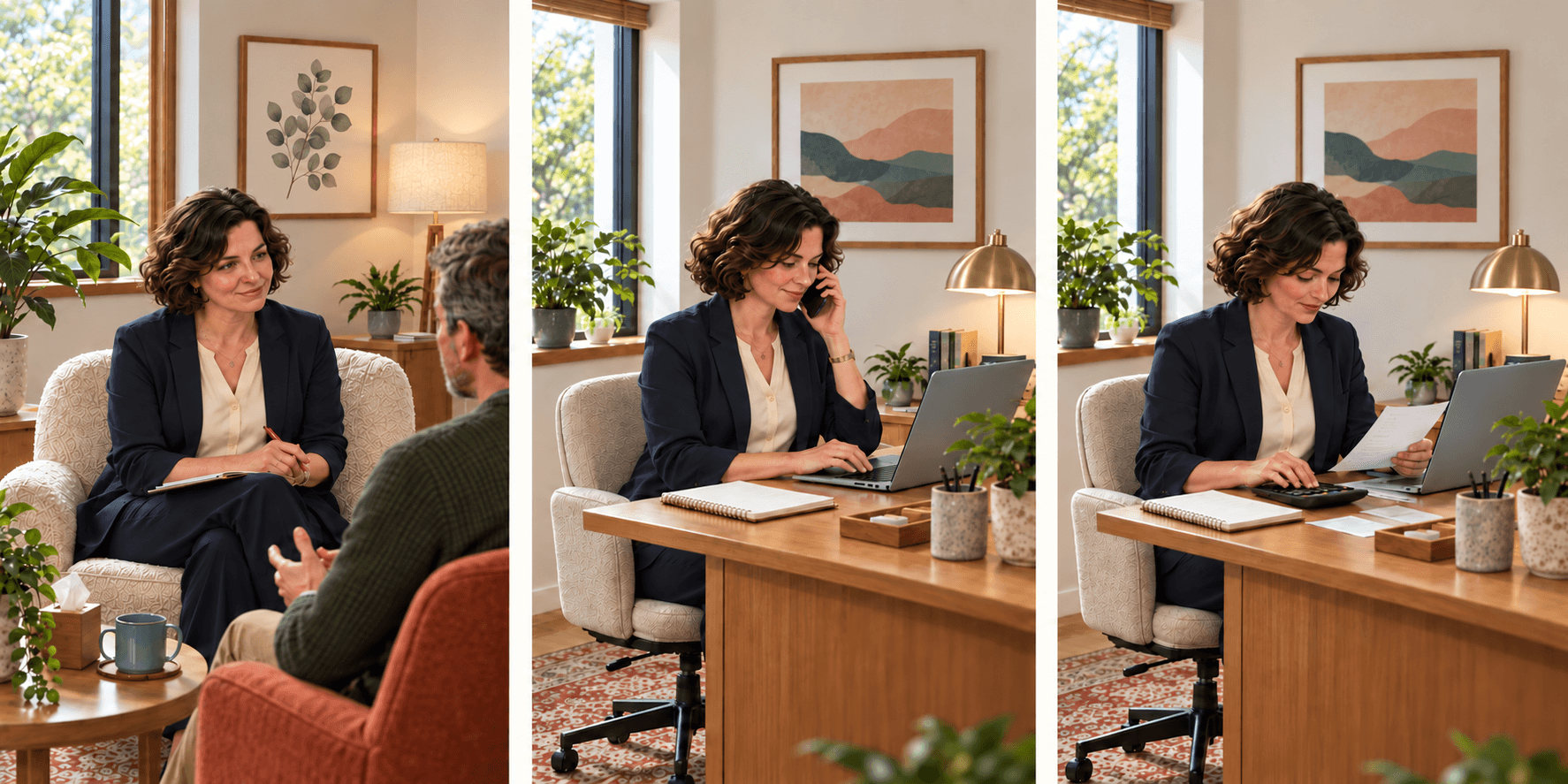 Illustration of the same practitioner in consultation, speaking by phone at a laptop, and checking paperwork with a calculator.